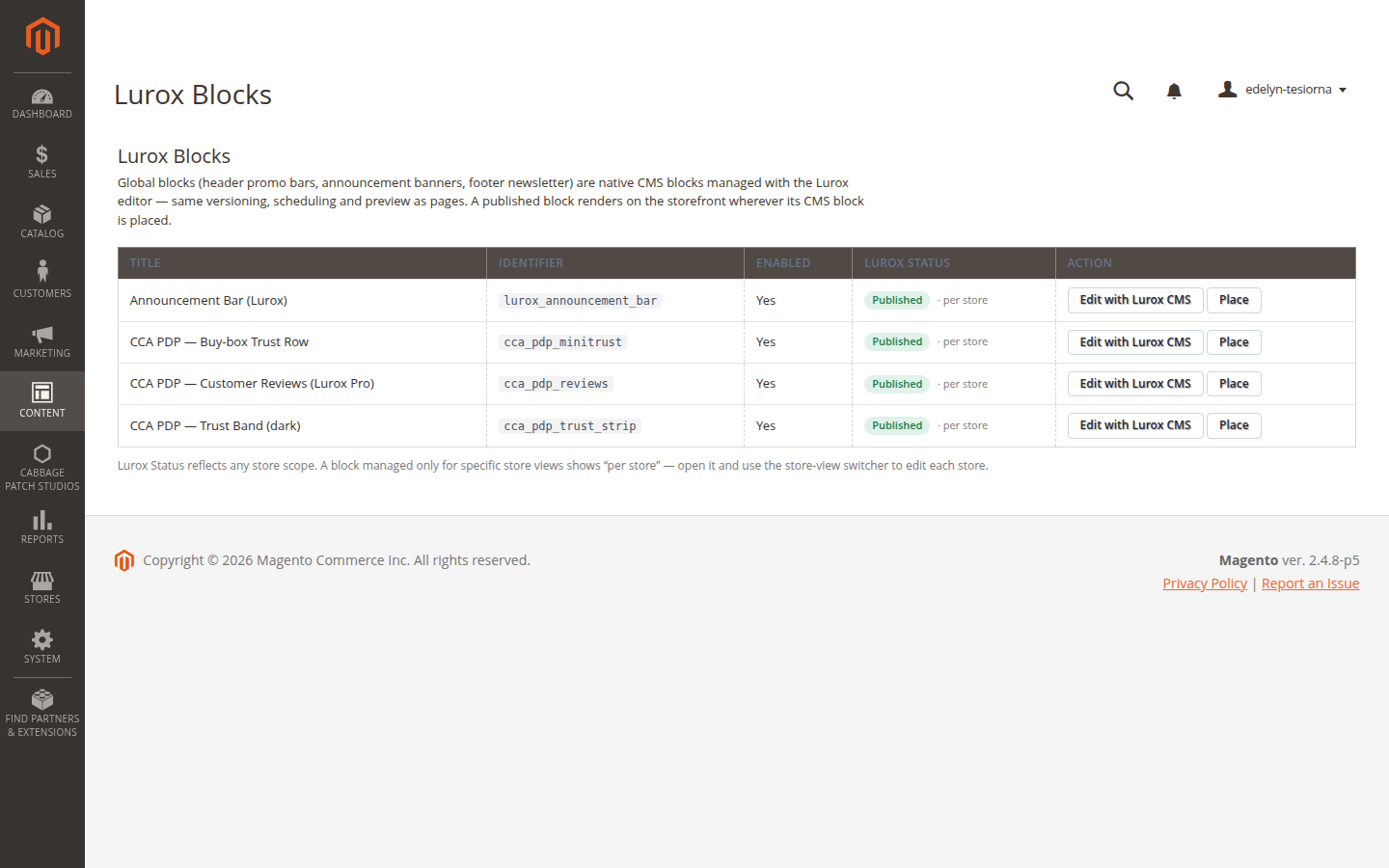 The Lurox Blocks grid listing managed content blocks with edit and place actions.