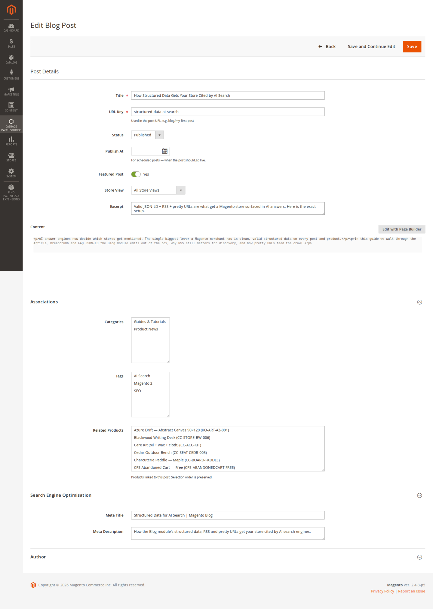 The Blog post edit form in the Magento admin
