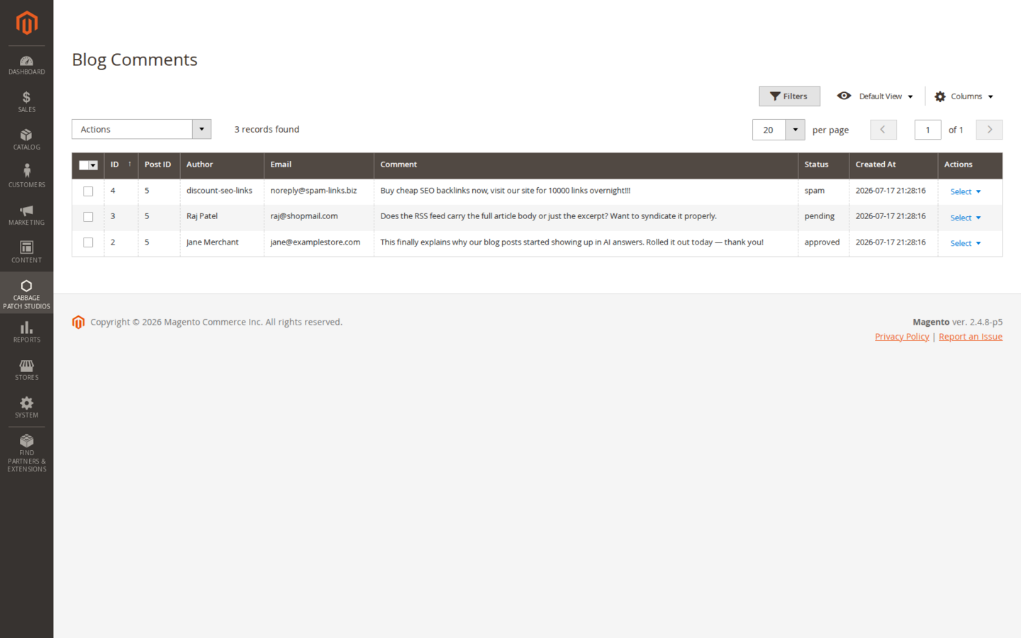 The Blog comment moderation grid in the Magento admin