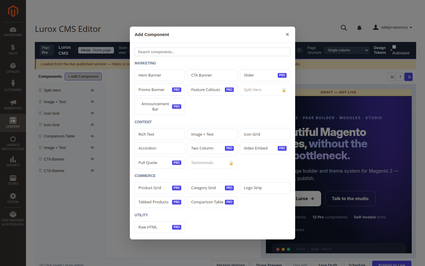 The Lurox component picker, with components grouped by category and labelled by plan tier.
