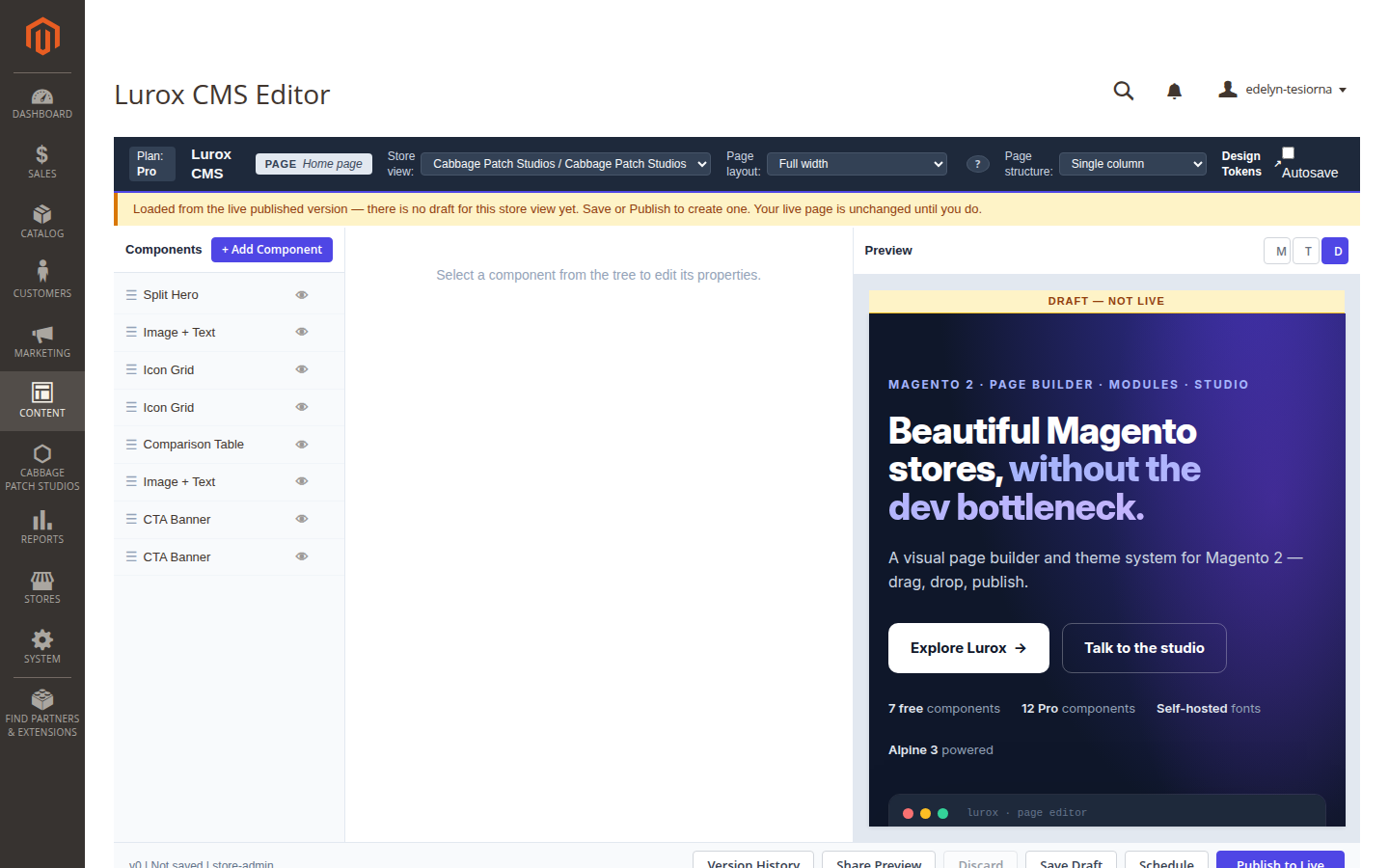 The Lurox CMS editor, showing the toolbar, components panel, properties area and live preview.