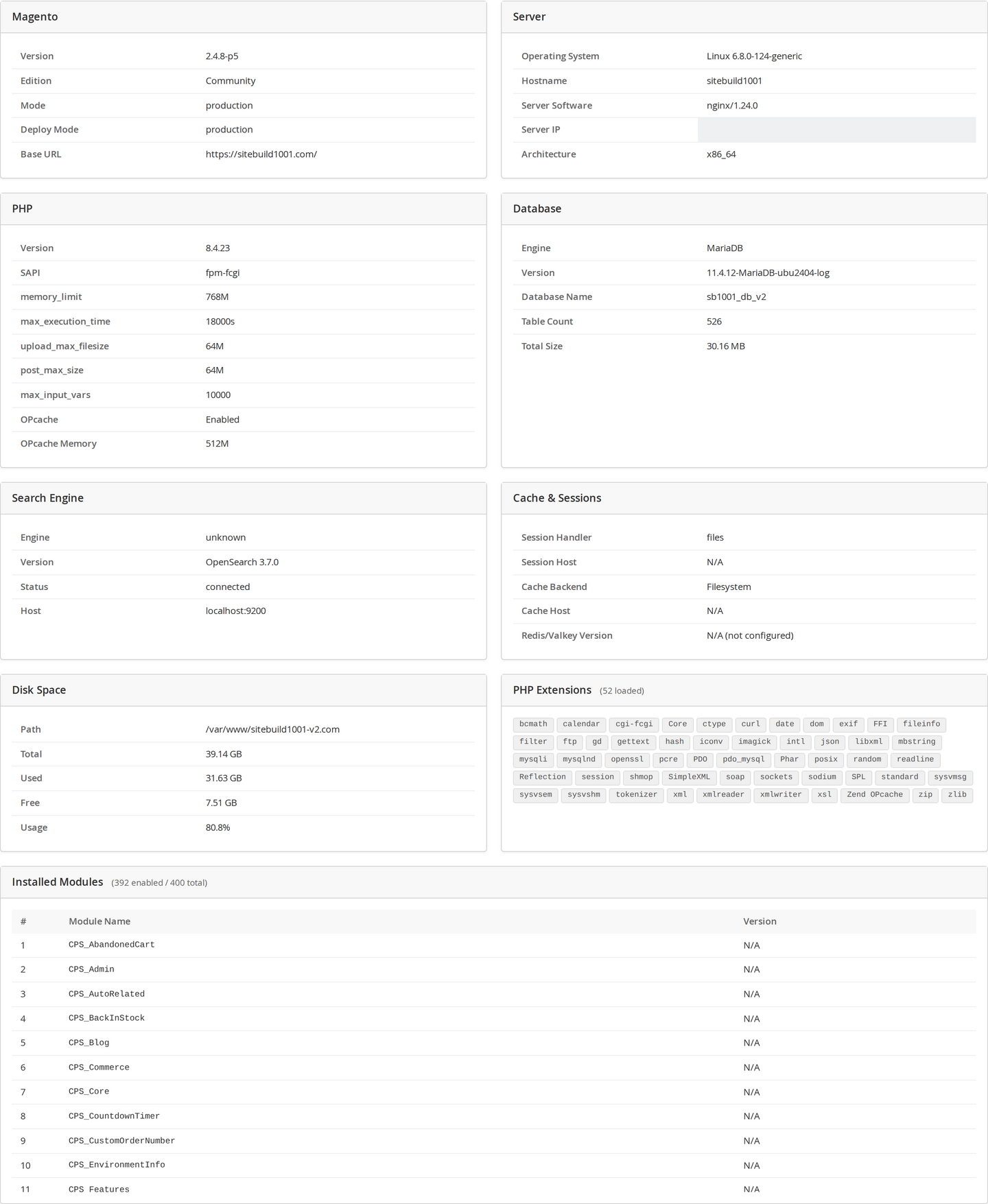 The Environment Info admin dashboard showing Magento, server, PHP, database and other cards.