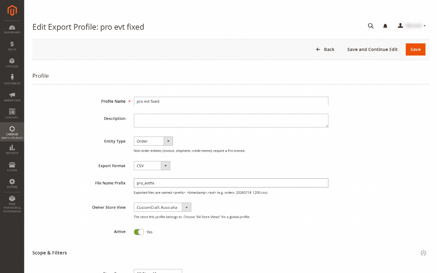 The Order Export profile form in the Magento admin.