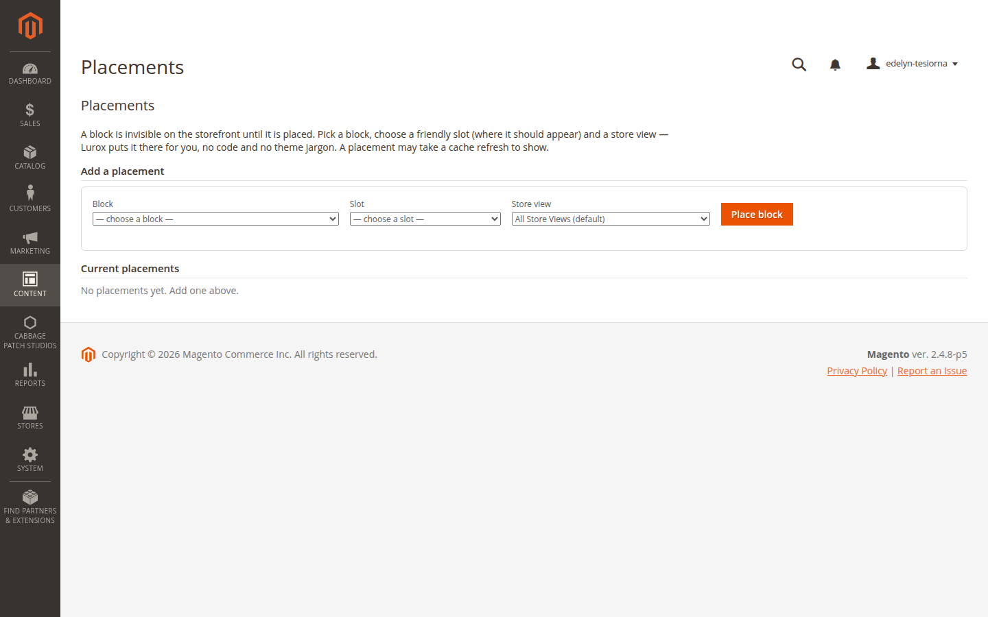 The Lurox Placements screen for assigning a block to a named storefront slot per store.