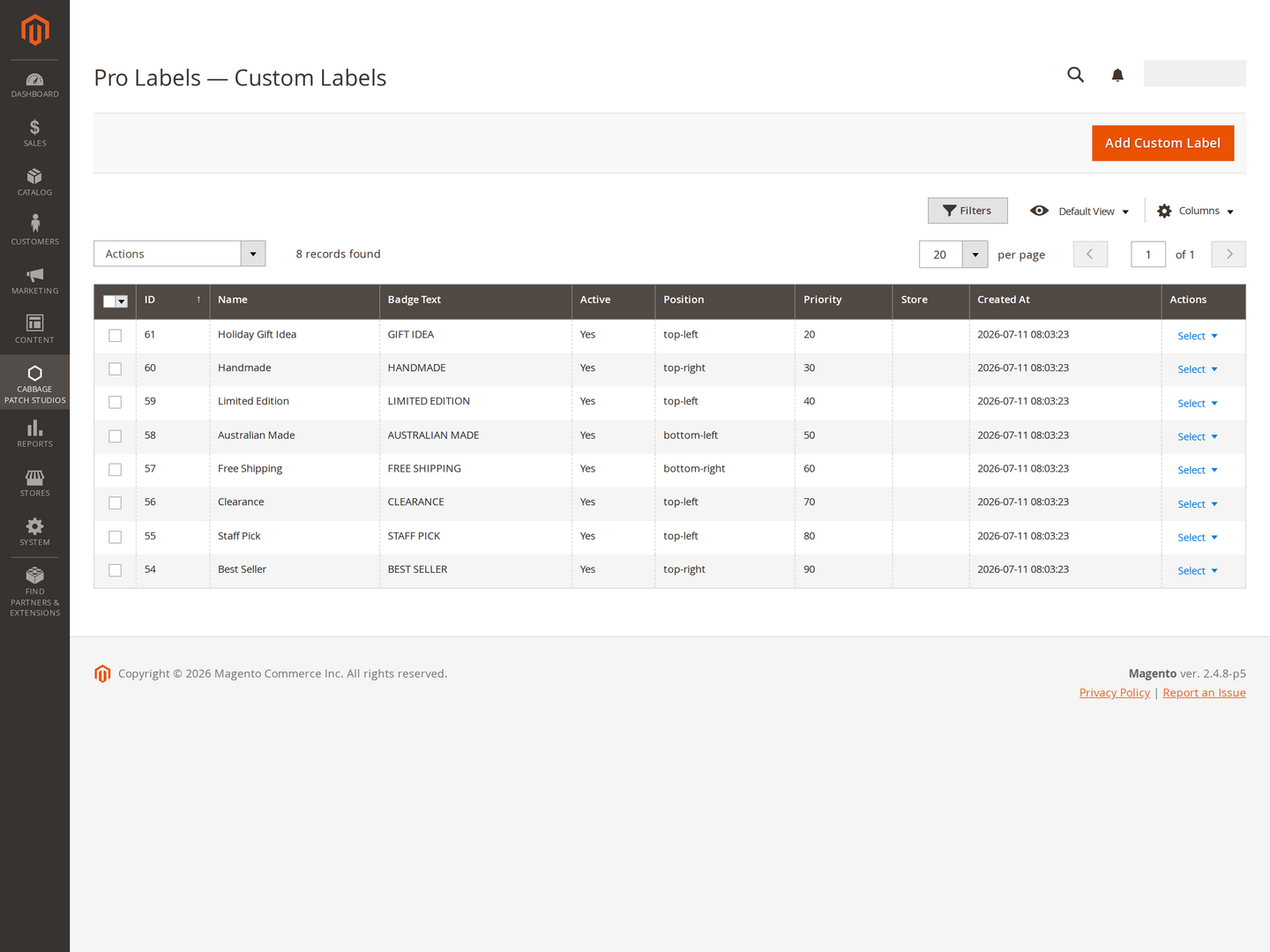 The Pro Labels admin — the Custom Labels grid.