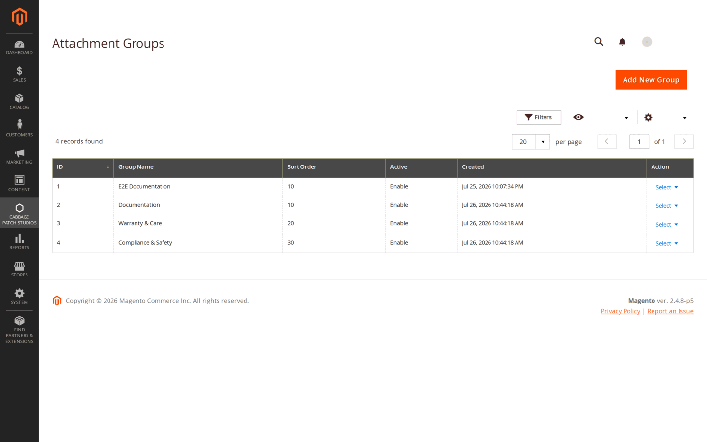 The Attachment Groups grid in the Magento admin, listing named document groups with their sort order and active status.
