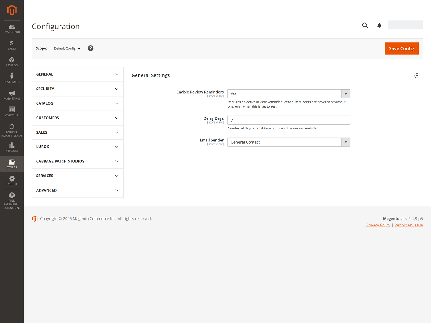 The Review Reminder configuration screen.