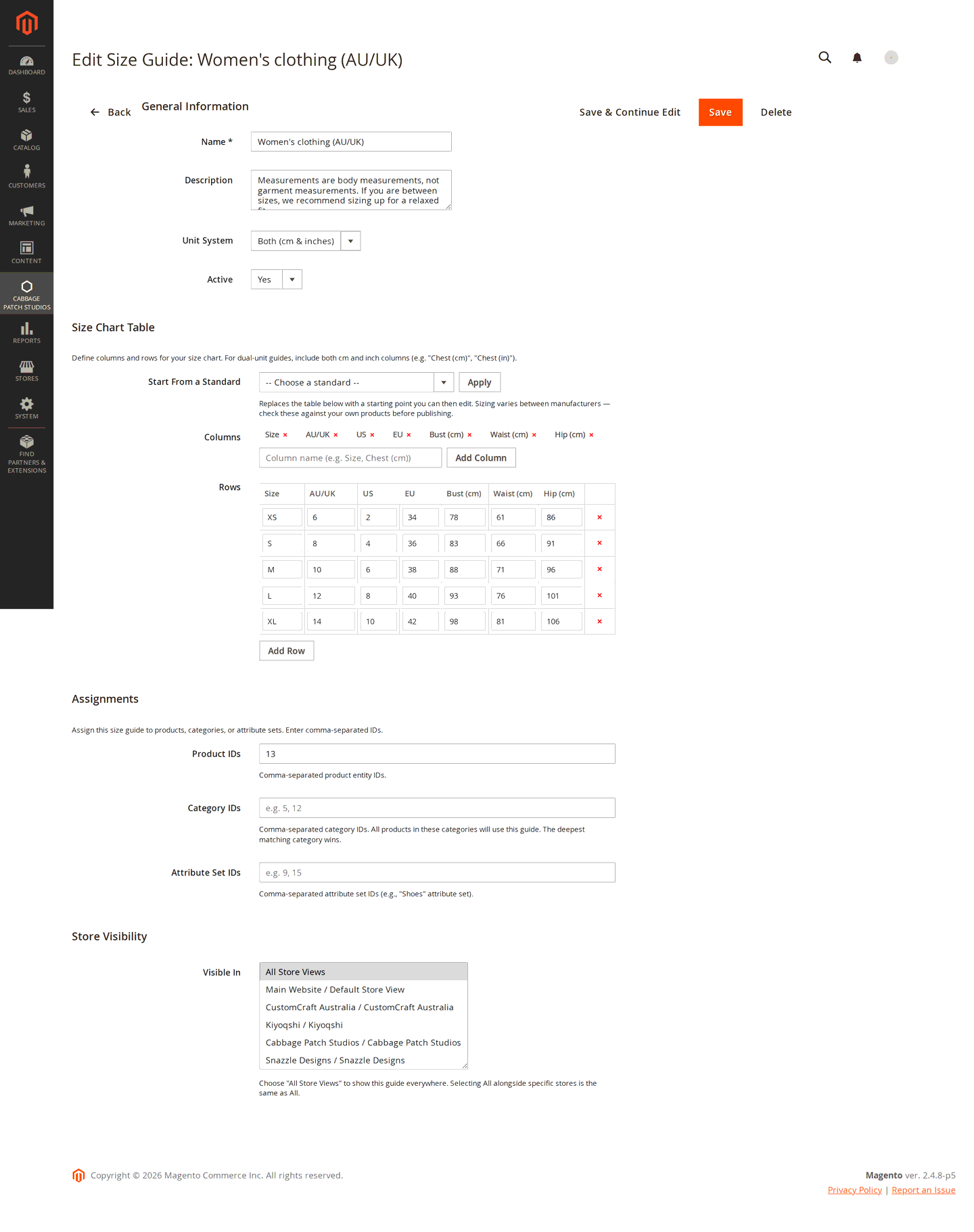 The size guide edit form in the Magento admin, showing name, description, unit system and active fields, the size chart table, the product, category and attribute-set assignment fields, and the store visibility selector.