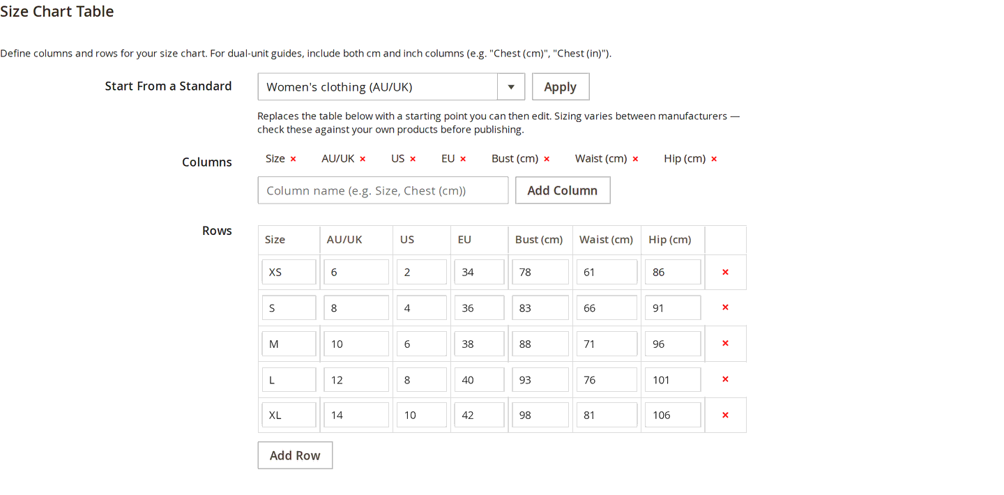 The size chart table builder in the Magento admin, showing the Start From a Standard selector with a standard chosen, the column tags, and the editable grid of rows.