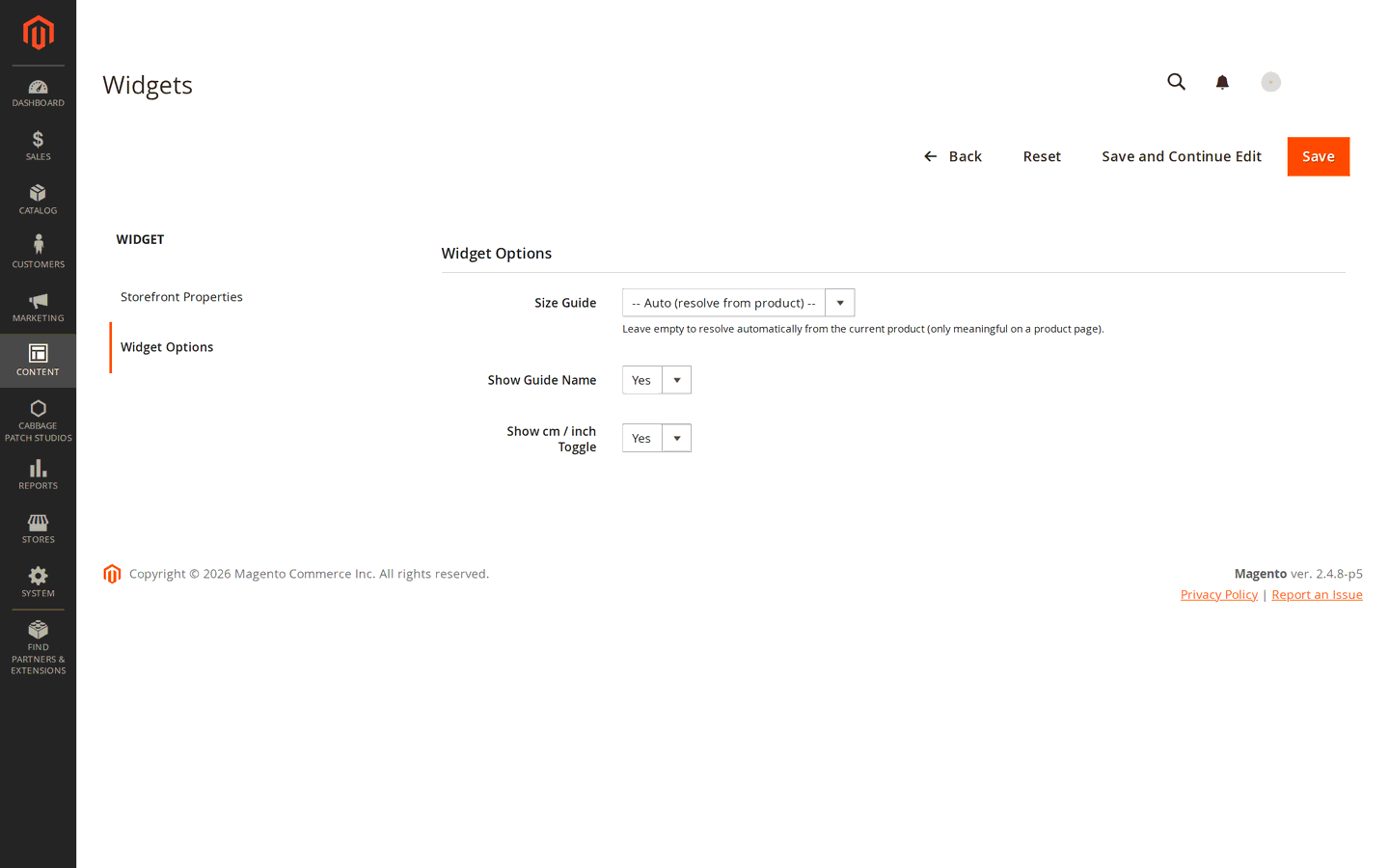 The Widget Options screen in the Magento admin for the CPS Size Guide widget, showing the Size Guide selector set to Auto, Show Guide Name and Show cm / inch Toggle.