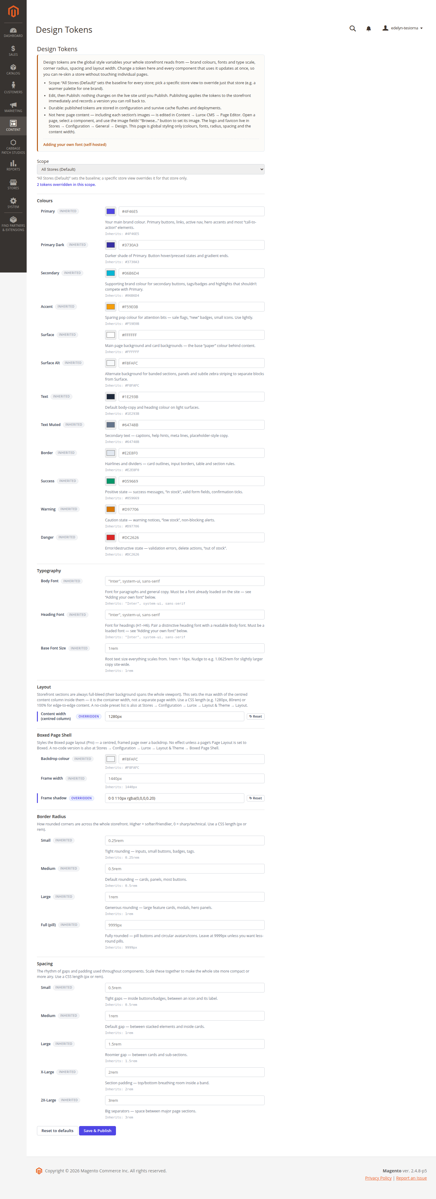 The Lurox design-token editor for store-wide colours, spacing and typography.