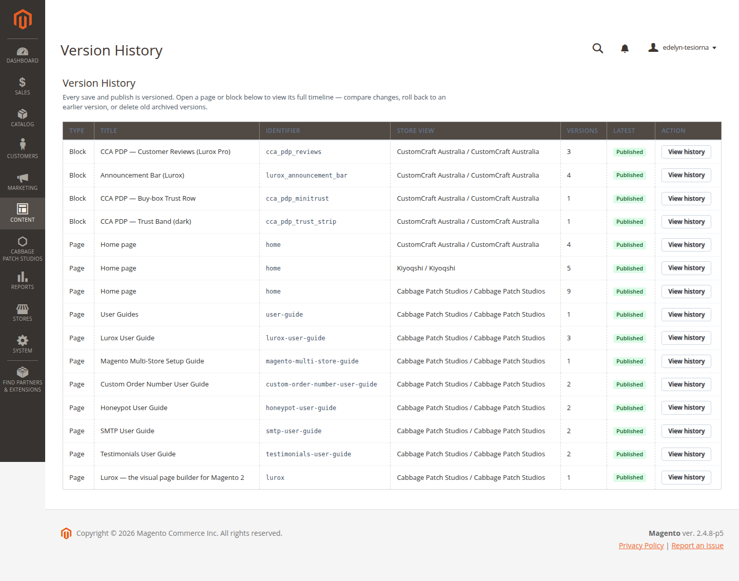 The Lurox Version History screen listing numbered content versions with dates and authors.