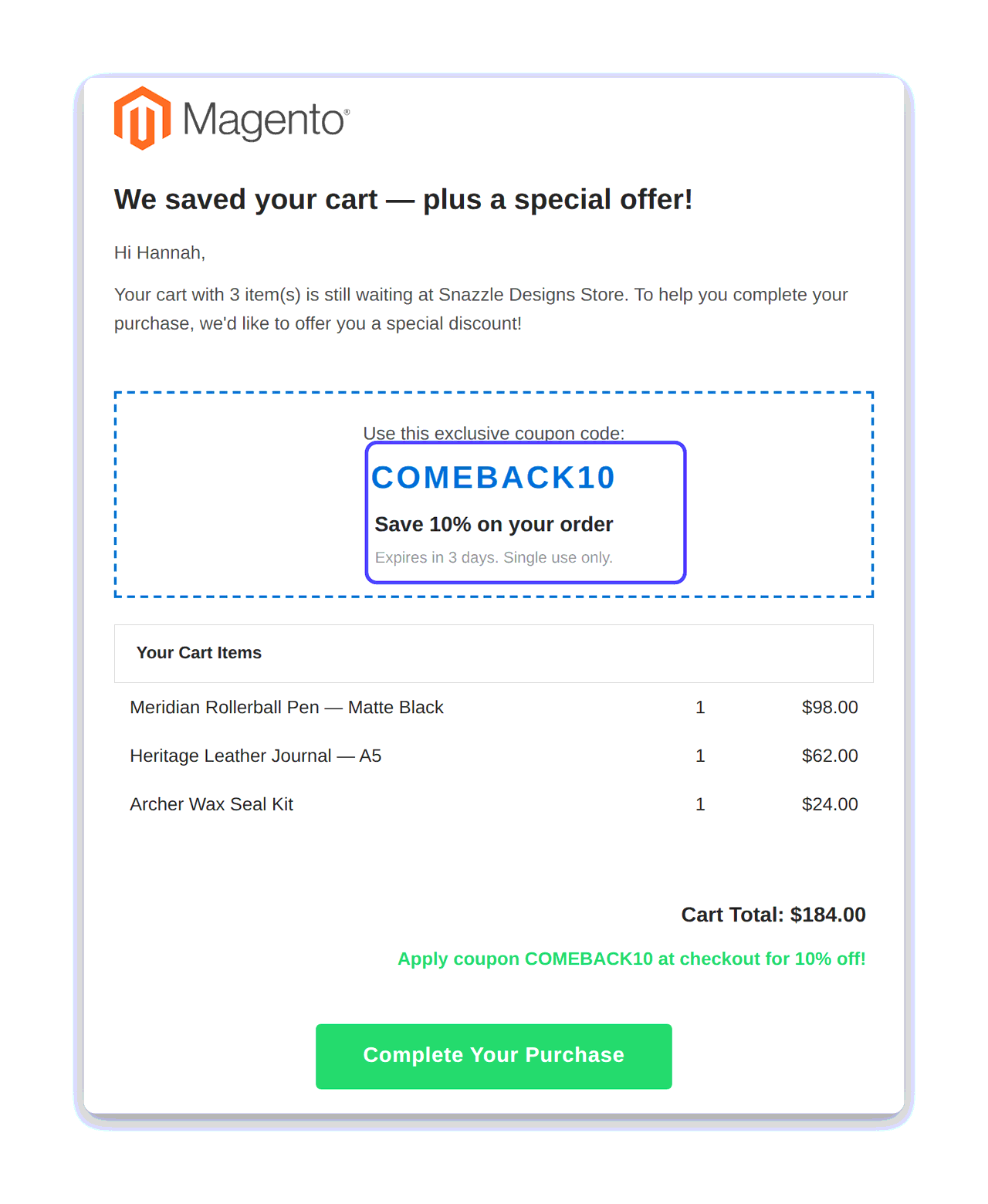 A Pro abandoned-cart recovery email with a highlighted single-use discount coupon code and a Complete Your Purchase button