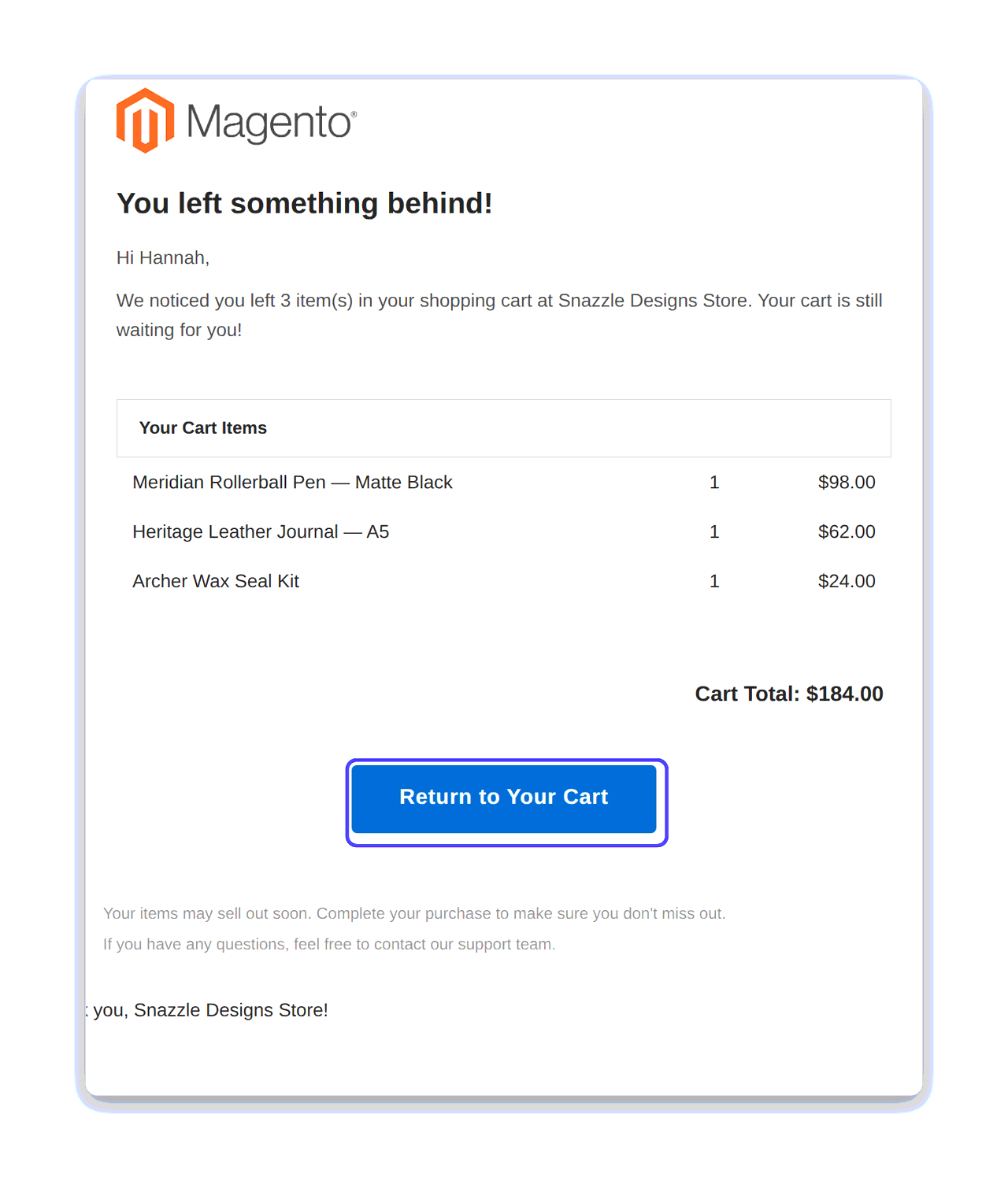 A branded abandoned-cart recovery email listing the shopper's cart items and total with a highlighted Return to Your Cart button