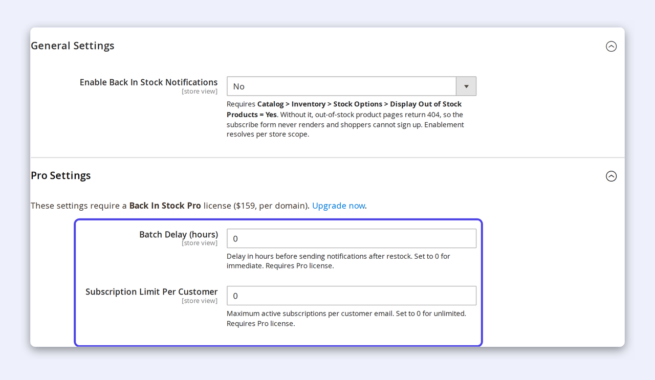 The CPS Back In Stock configuration in the Magento admin — General Settings plus a highlighted Pro Settings group with Batch Delay and Subscription Limit fields