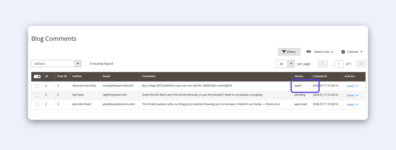 The CPS Blog comment moderation grid showing pending, approved and spam comments, with a spam entry flagged by SpamGuard