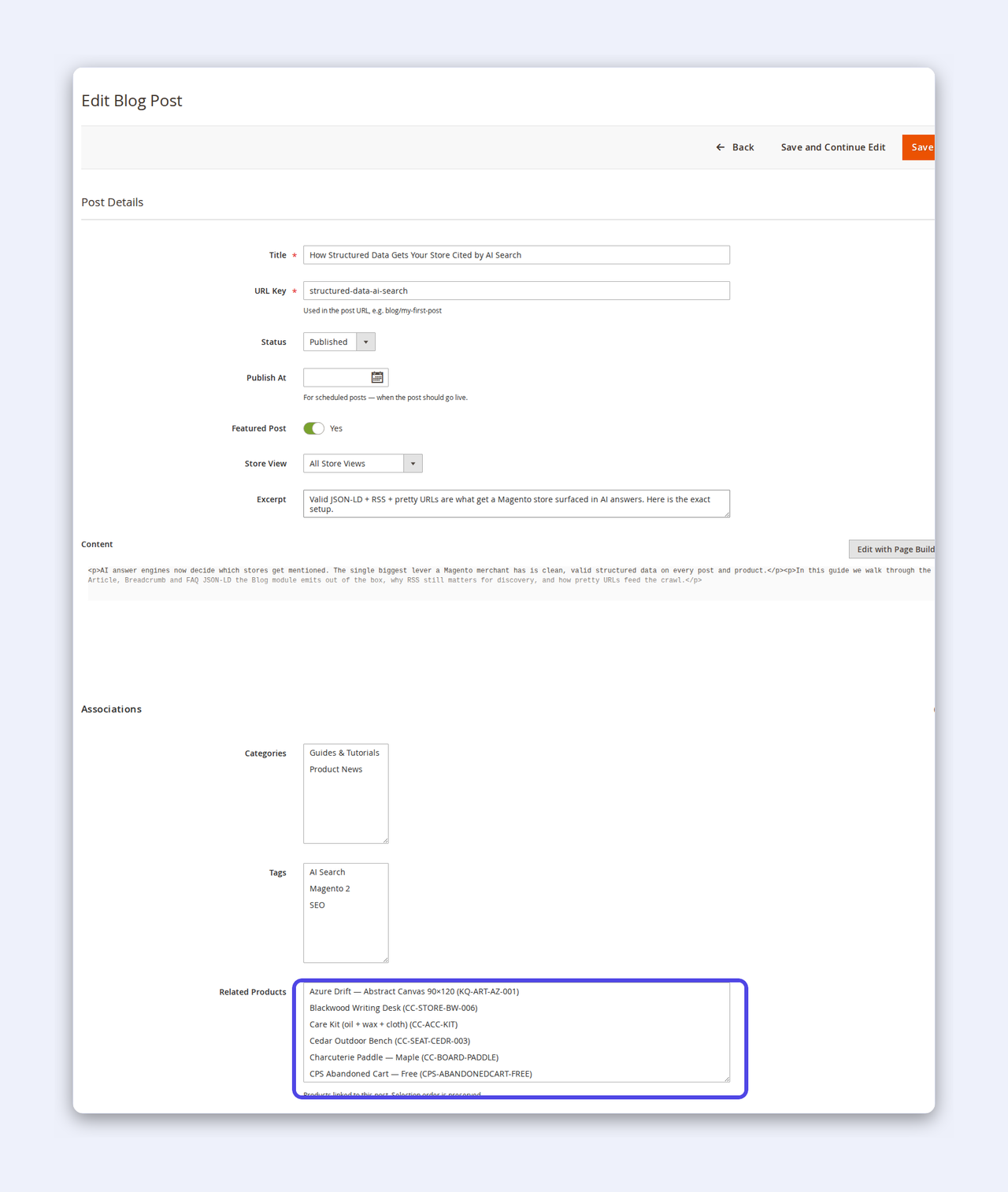 The CPS Blog post editor with title, URL key, excerpt, categories, tags and a Related Products selector linking the post to real store products