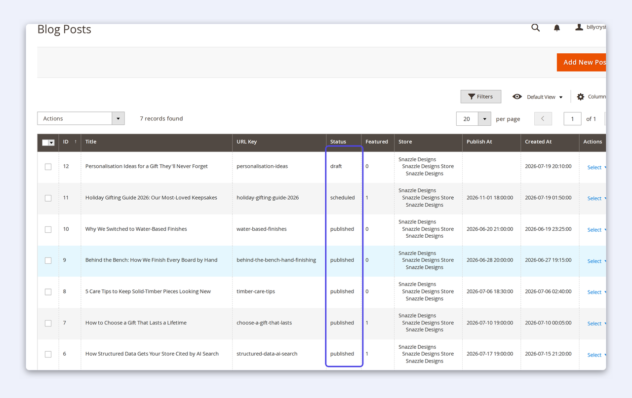 The CPS Blog admin post grid listing posts with draft, scheduled and published statuses, a featured flag and per-store scoping