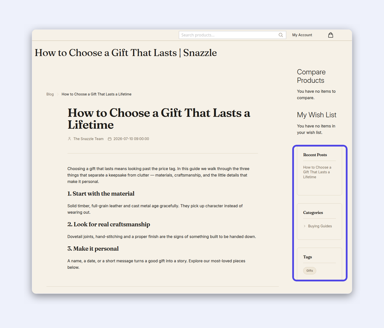 A storefront blog post on a clean /blog/ URL with a breadcrumb and a sidebar widget showing recent posts, categories and tags