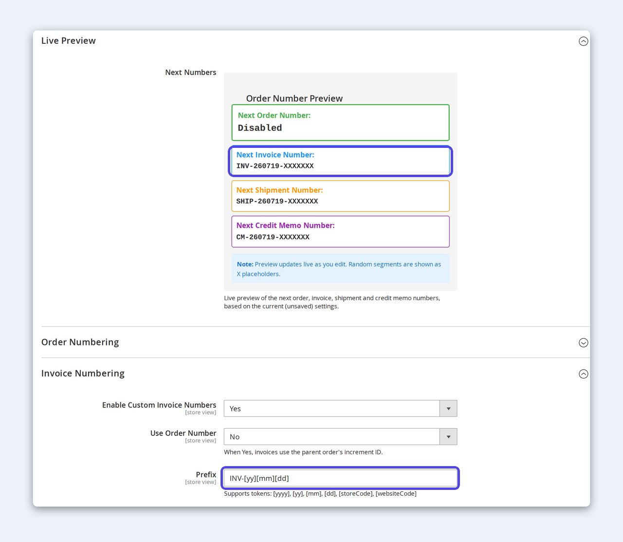 The Custom Order Number admin — an invoice prefix of INV-[yy][mm][dd] with the live "Next Numbers" preview showing the resulting INV-260719 number