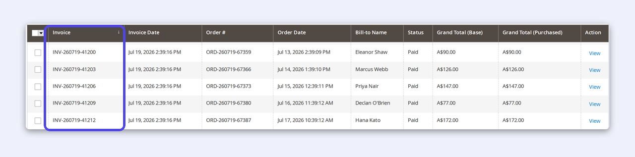 The Magento admin invoice grid showing branded INV-260719 invoice numbers in a clean sequence