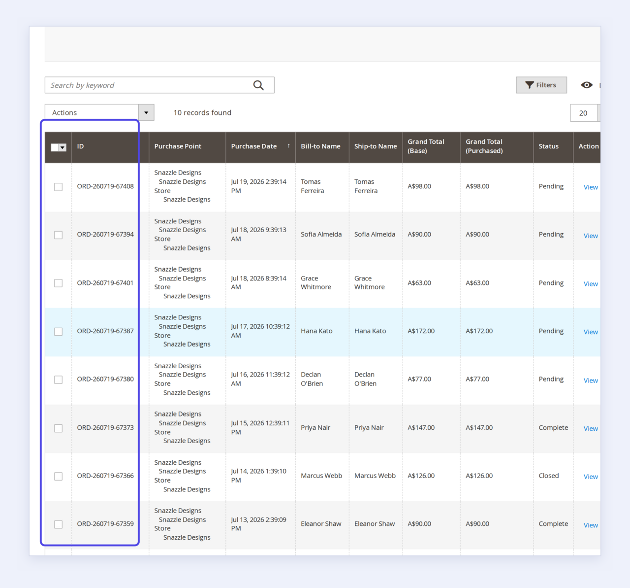 The Magento admin sales order grid with every ID reading as a branded ORD-260719 number instead of a plain sequential ID