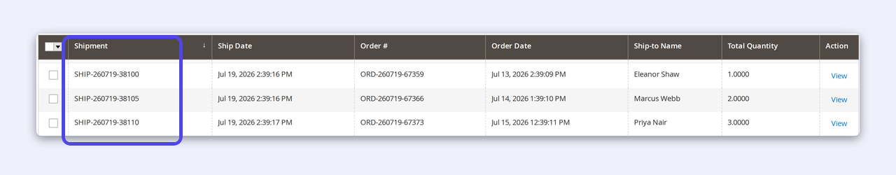 The Magento admin shipment grid showing branded SHIP-260719 shipment numbers matching their orders