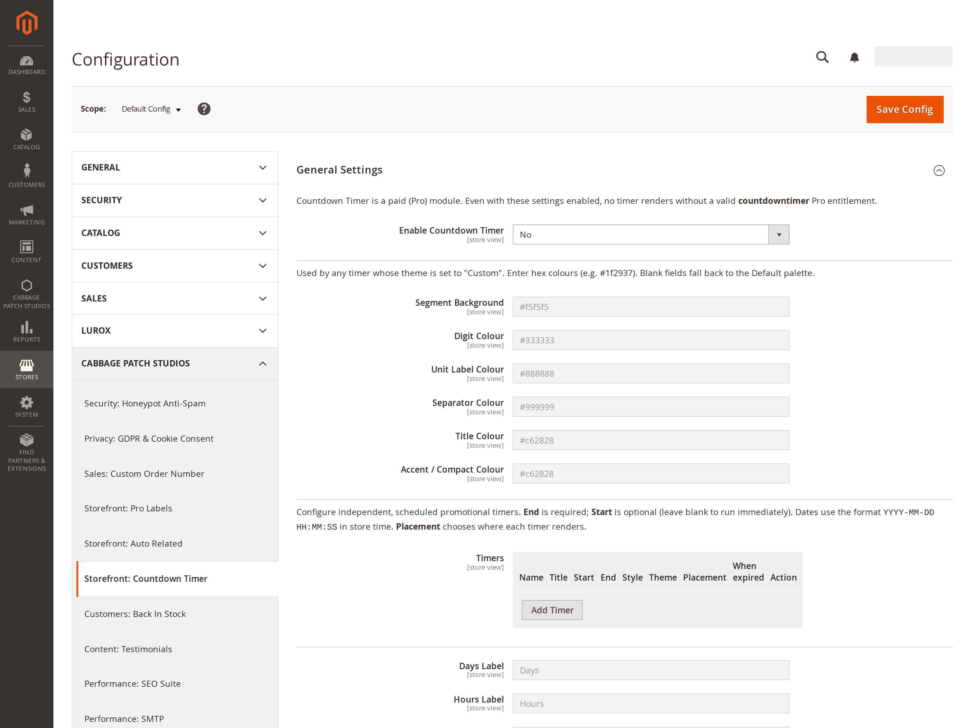 The Countdown Timer admin — a Named Timers grid with name, title, start, end, style, theme, placement and expiry columns