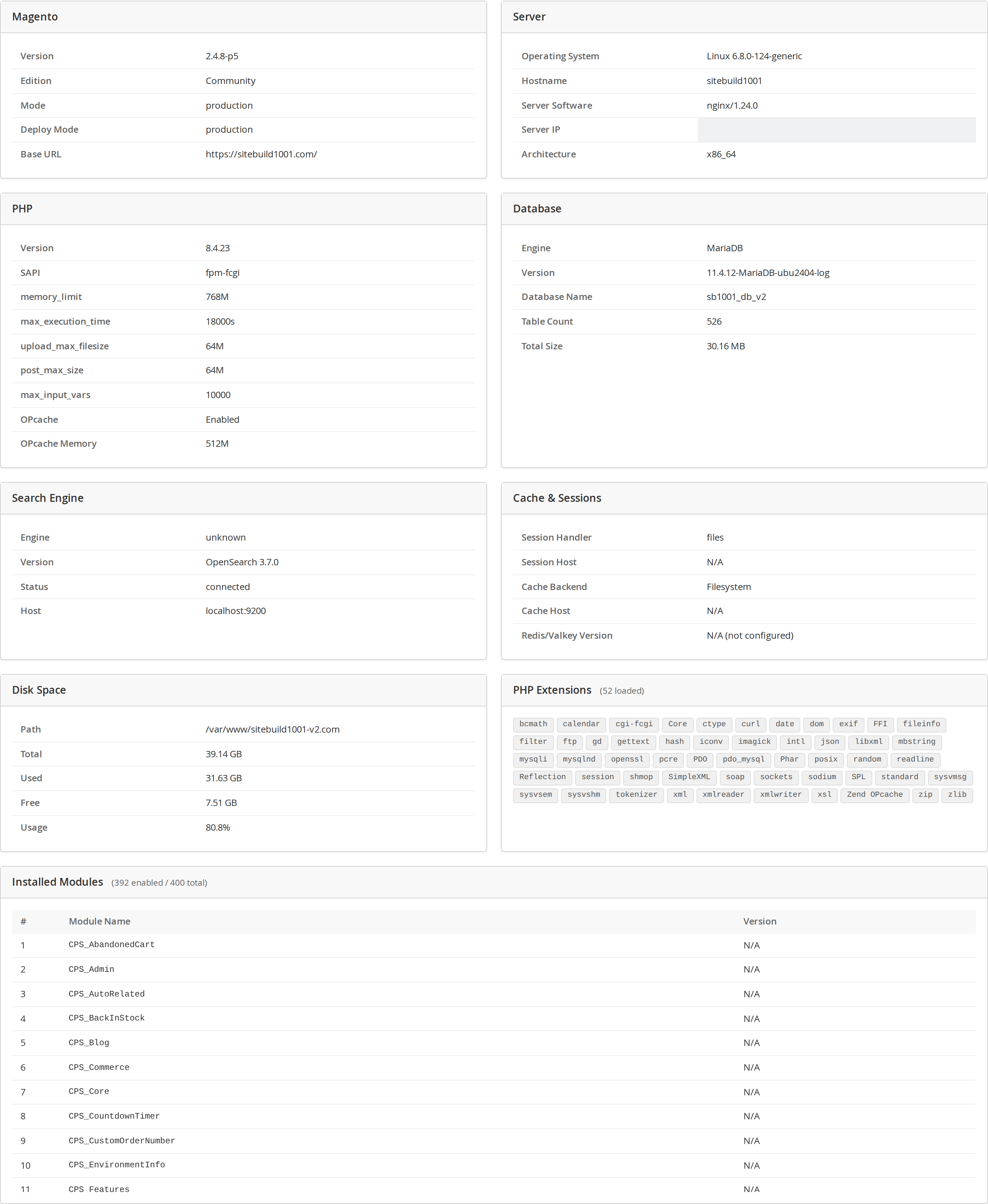 The Environment Info admin dashboard — server, PHP, database, cache, search and Magento cards on one screen