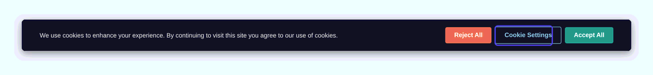 A Magento storefront cookie-consent banner with Reject All, Cookie Settings and Accept All buttons, holding scripts until the shopper chooses