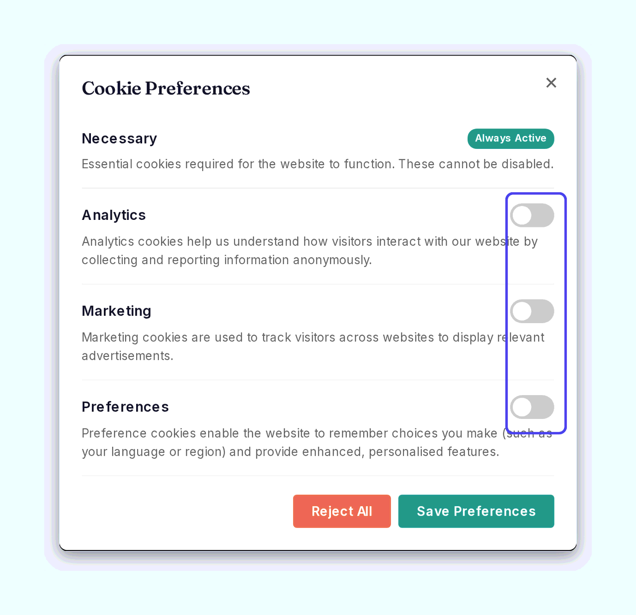 The Cookie Preferences panel with Necessary always-active plus Analytics, Marketing and Preferences toggles, and Reject All / Save Preferences buttons