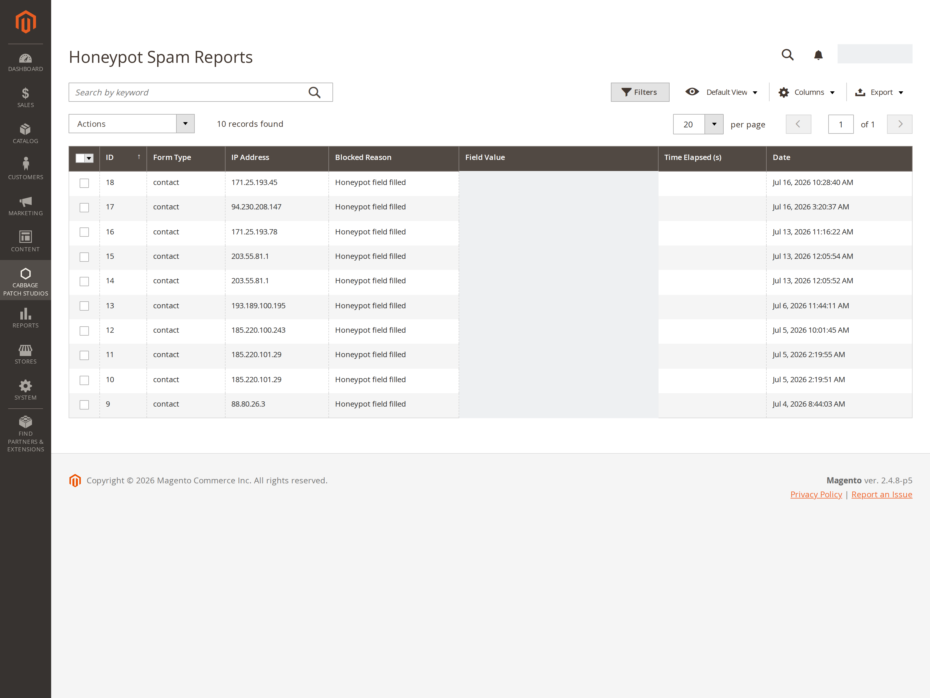 The Honeypot general settings — hidden field name, time threshold and logging toggles