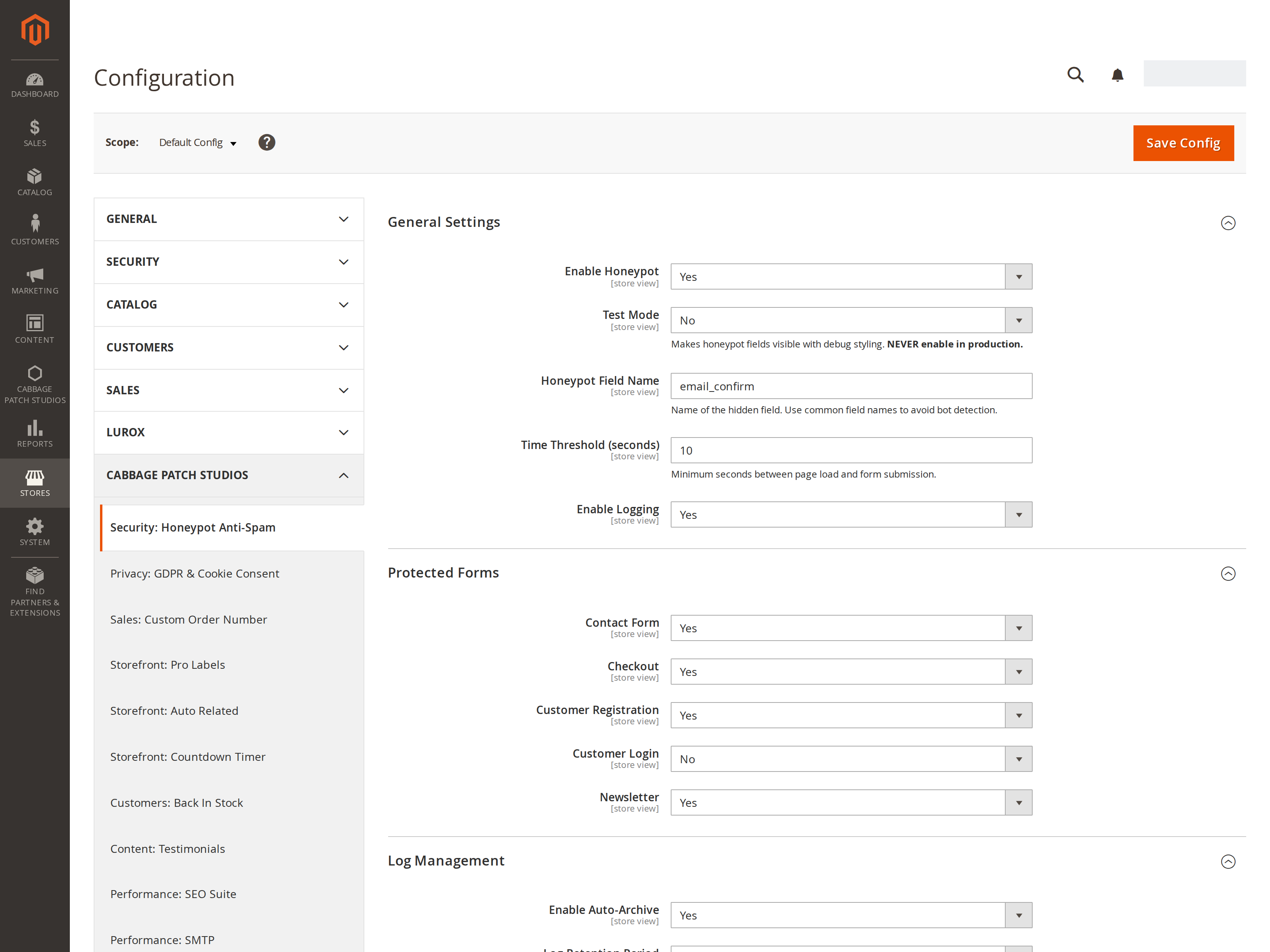 The Honeypot admin — independent toggles for contact, checkout, registration, login and newsletter forms