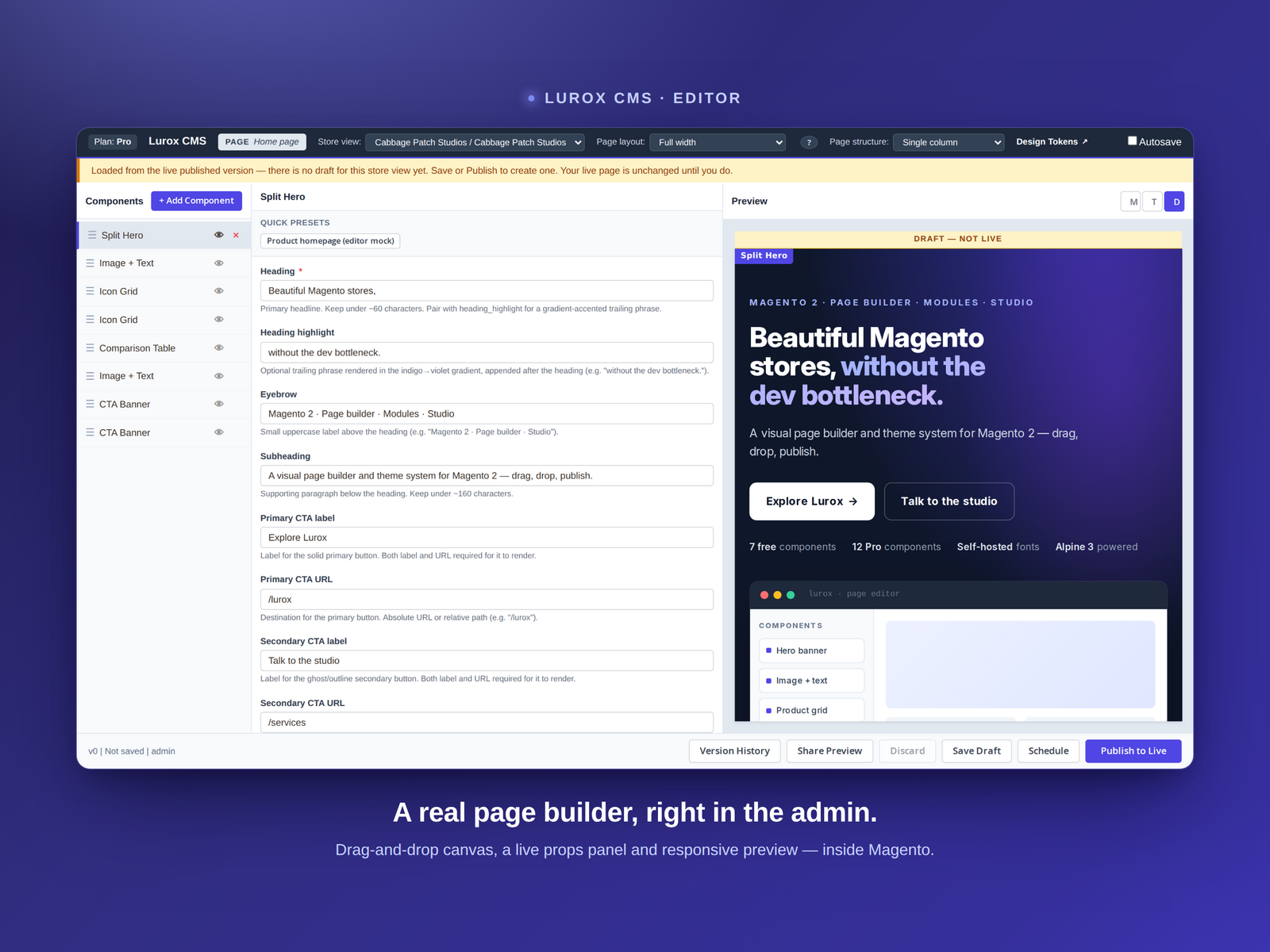 The Lurox CMS page editor in the Magento 2 admin — a drag-and-drop canvas, component library and a live props panel