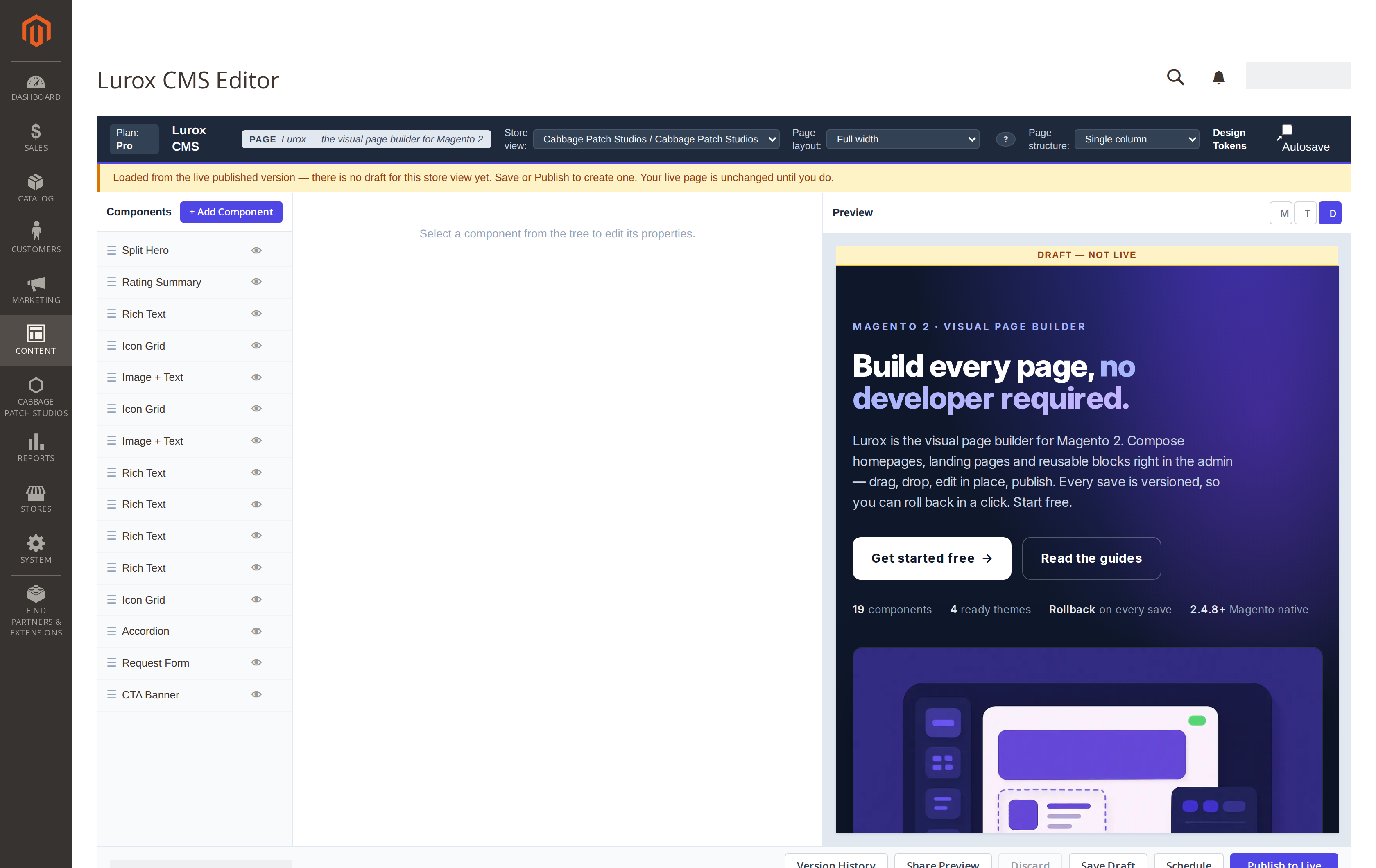 The Lurox CMS page editor in the Magento 2 admin — a drag-and-drop canvas, component library and a live props panel