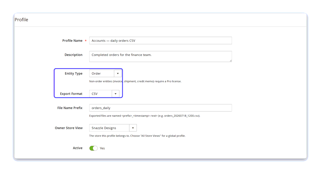 The Profile fieldset in the Export Profile editor — Profile Name, Description, Entity Type, Export Format, File Name Prefix and Owner Store View