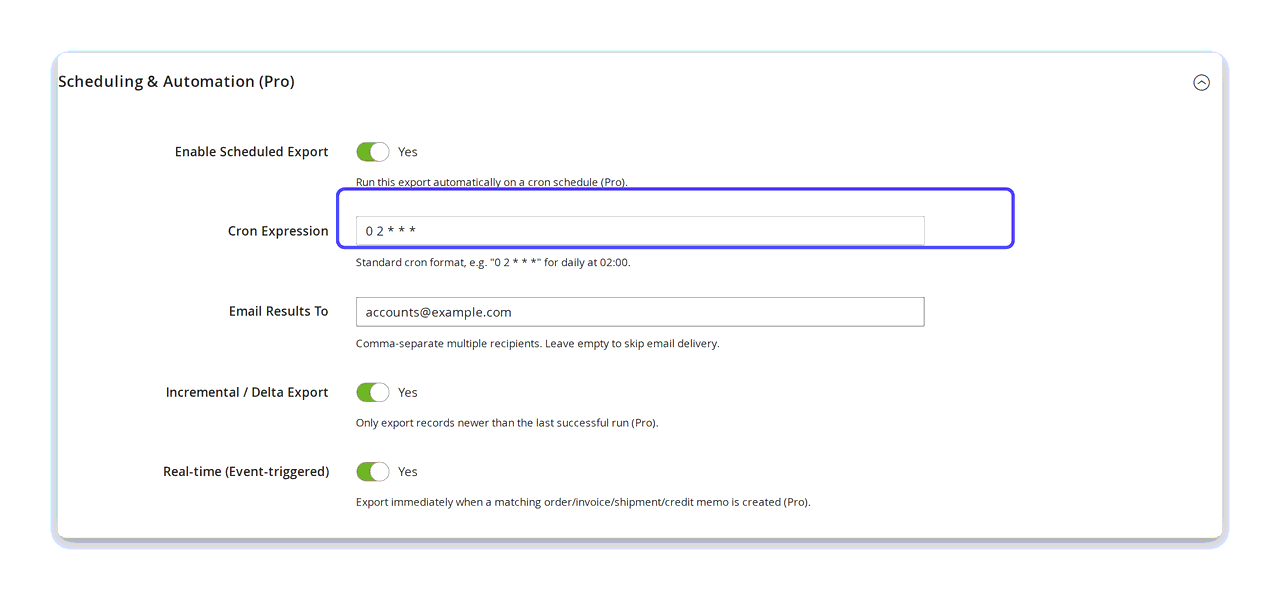 The Scheduling & Automation (Pro) fieldset — Enable Scheduled Export, a cron expression of 0 2 * * *, email recipients, incremental delta export and real-time event triggers