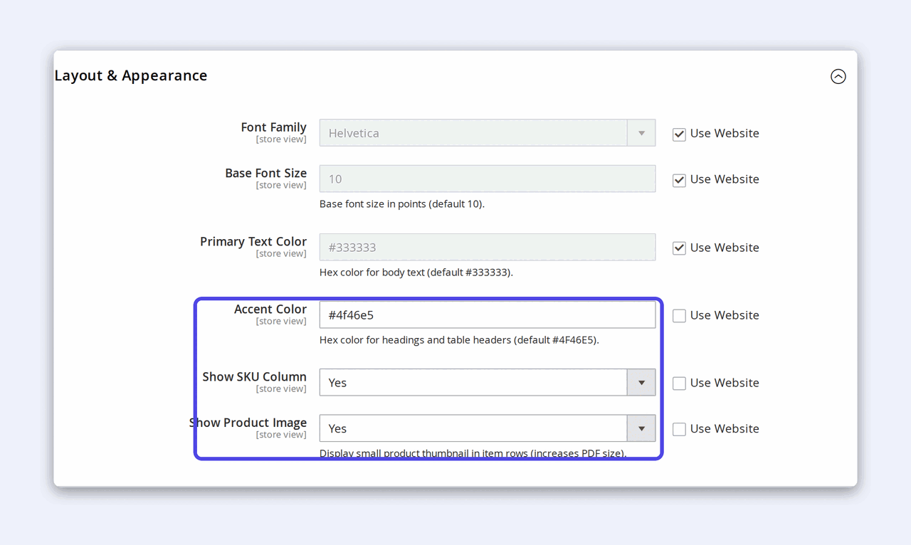 The PDF Invoices Layout & Appearance config group — Font Family, Base Font Size, Primary Text Color, Accent Color #4f46e5, Show SKU Column and Show Product Image