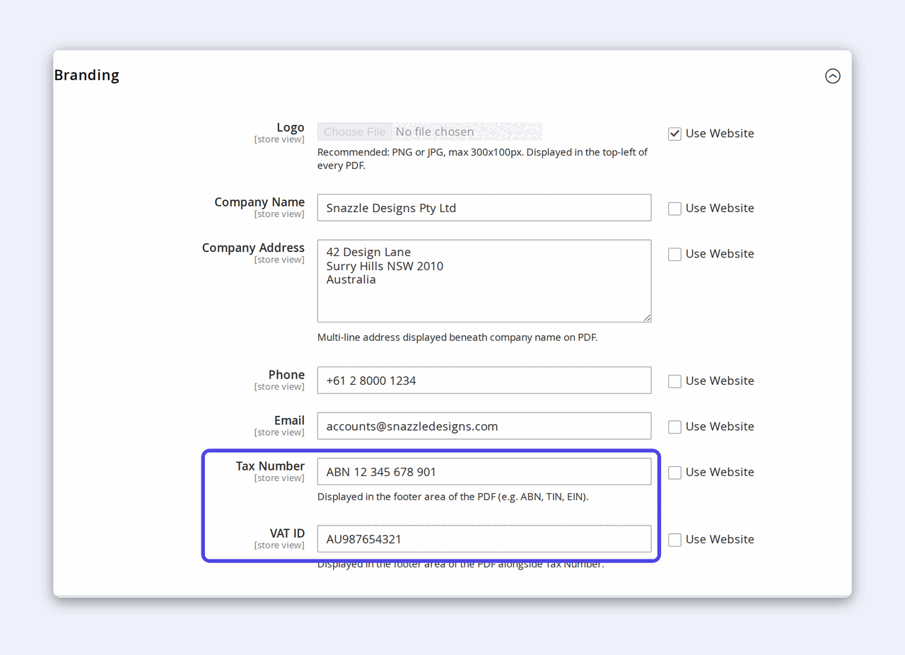 The PDF Invoices Branding config group — Logo, Company Name, Company Address, Phone, Email, Tax Number and VAT ID fields, scoped to the store view