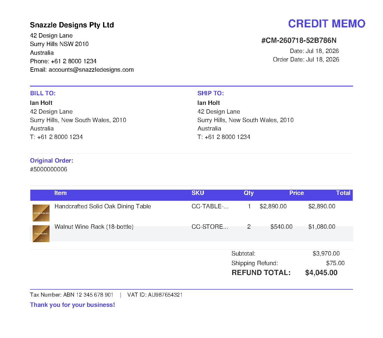 A branded Magento 2 credit memo PDF — logo header, an Original Order reference, a product table, a Shipping Refund line and a REFUND TOTAL, with Tax Number and VAT ID in the footer