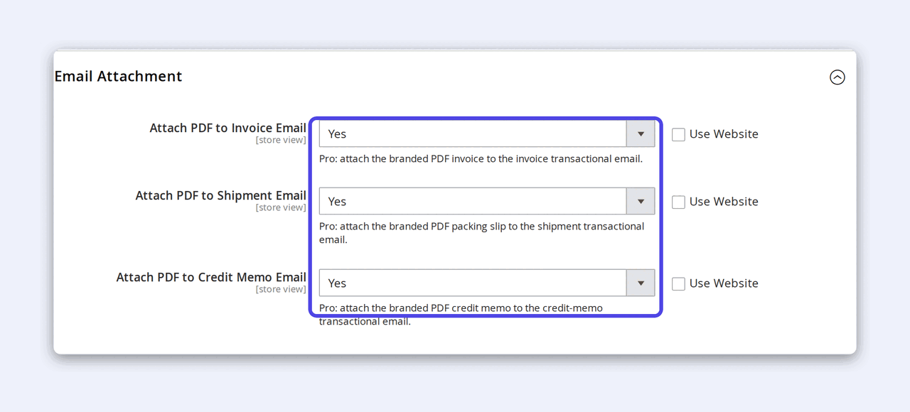 The PDF Invoices Email Attachment config group — Attach PDF to Invoice Email, Attach PDF to Shipment Email and Attach PDF to Credit Memo Email, each set to Yes