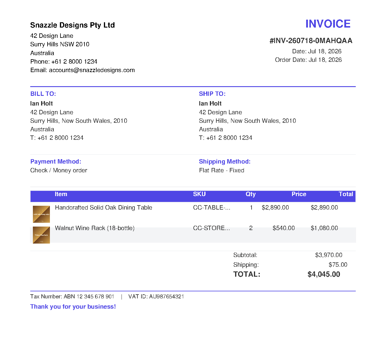 A branded Magento 2 invoice PDF — logo and company header, accent-coloured BILL TO / SHIP TO, a product table with SKU column, and Tax Number + VAT ID in the footer