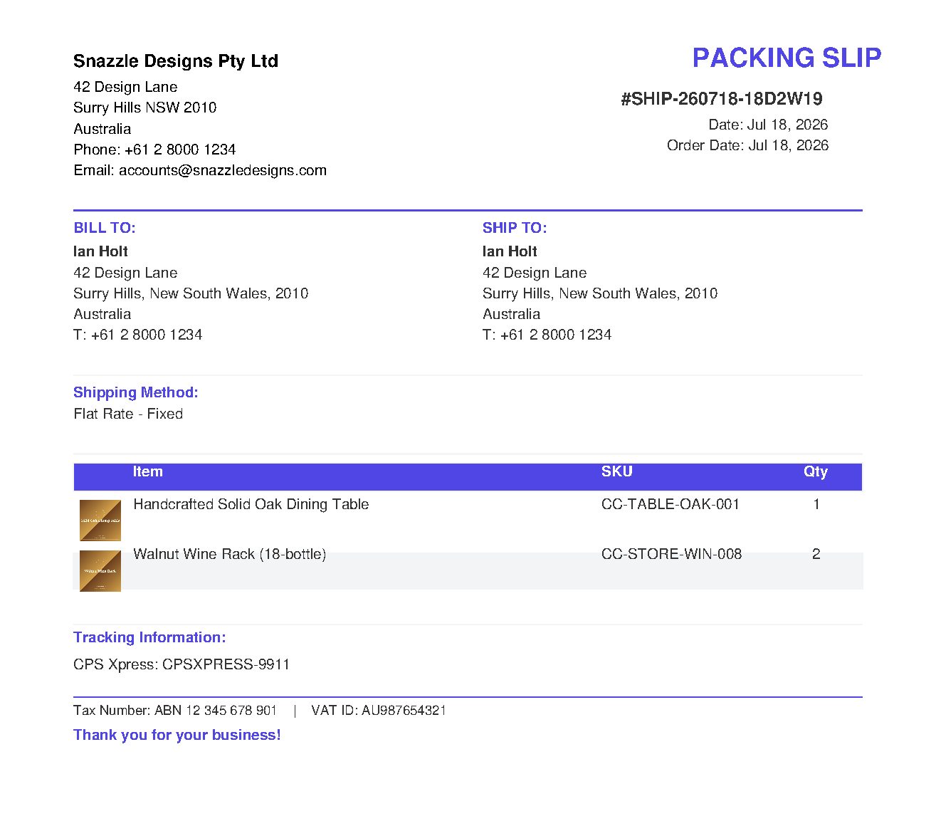 A branded Magento 2 packing slip PDF — logo and company header, SHIP TO block, an item table with SKU and Qty columns, product thumbnails, and a Tracking Information line