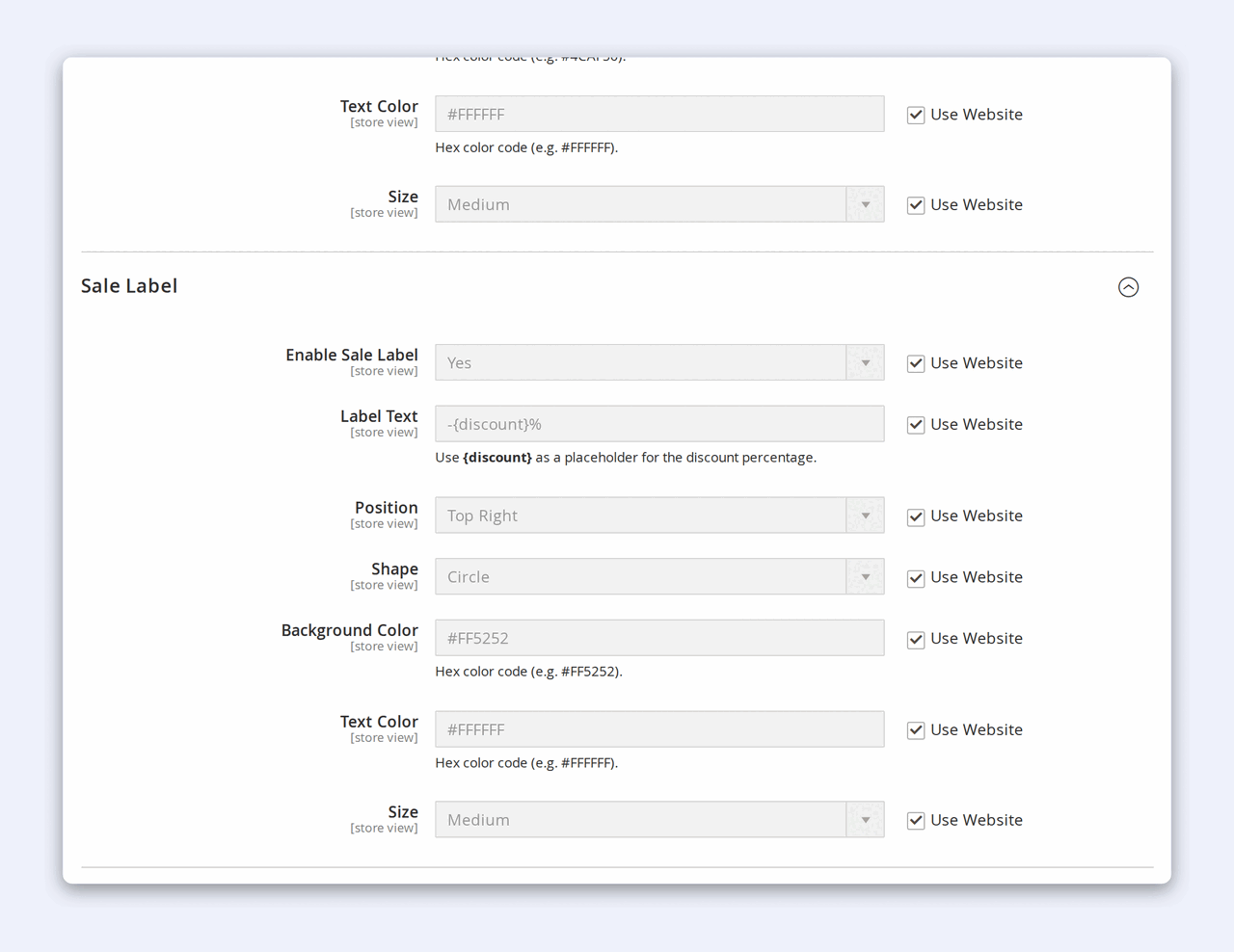 The Pro Labels admin configuration — General Settings, AI Badge Generation, and the per-type label groups, each scoped to the store view