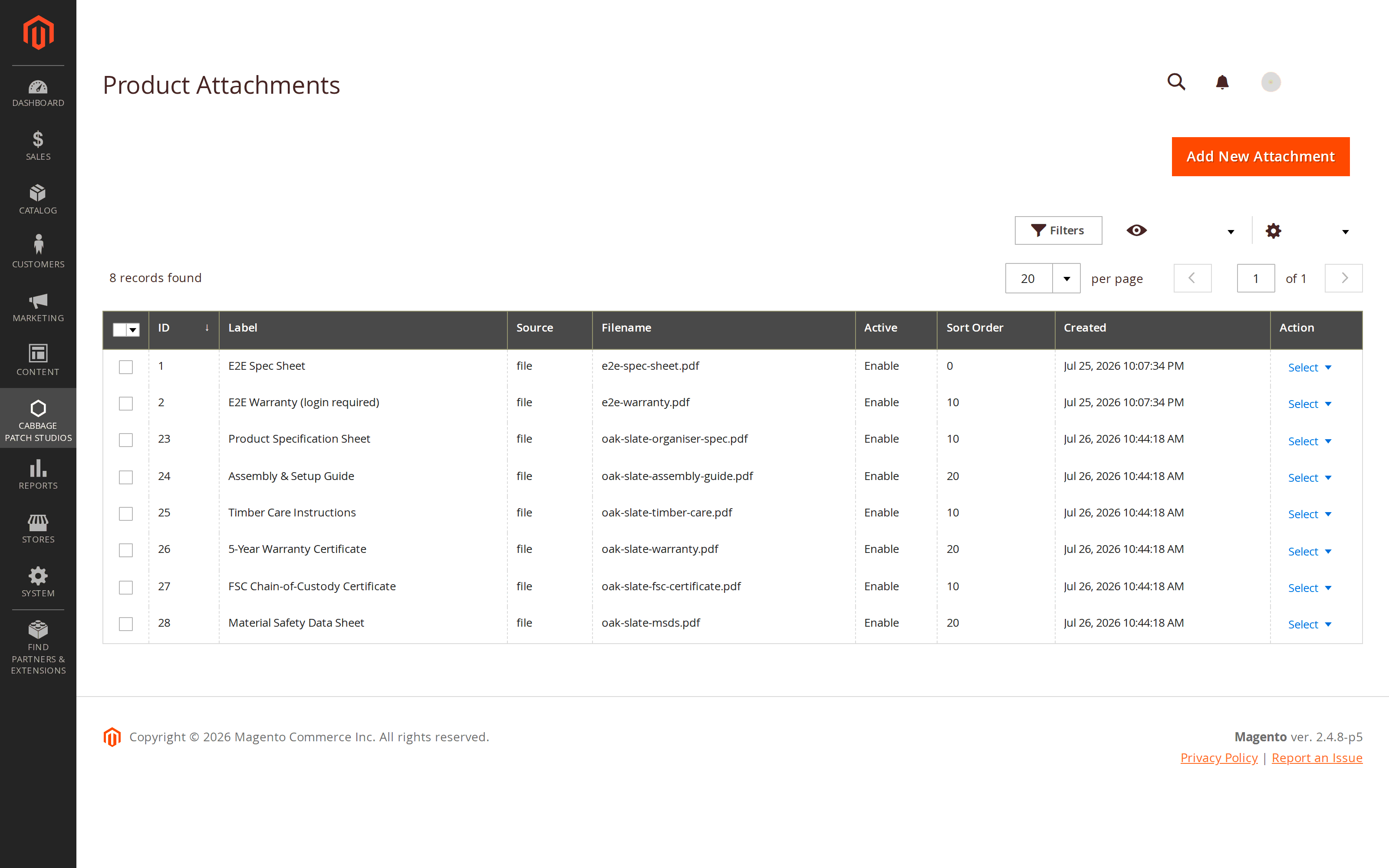 The Magento 2 admin file grid for Product Attachments, listing stored files with label, type, size and status