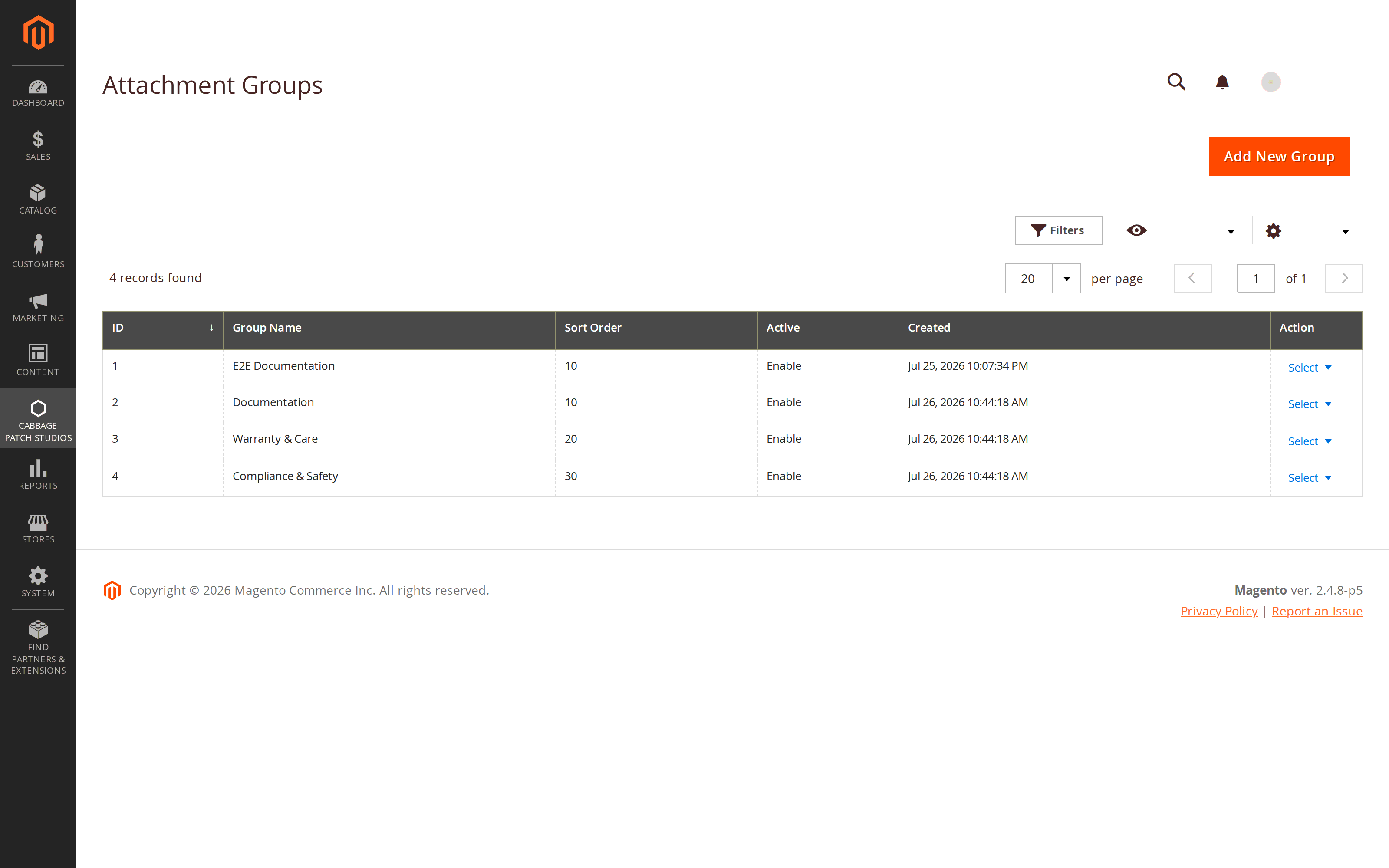 The Attachment Groups admin grid in Magento 2, listing named document groups with their sort order and active status