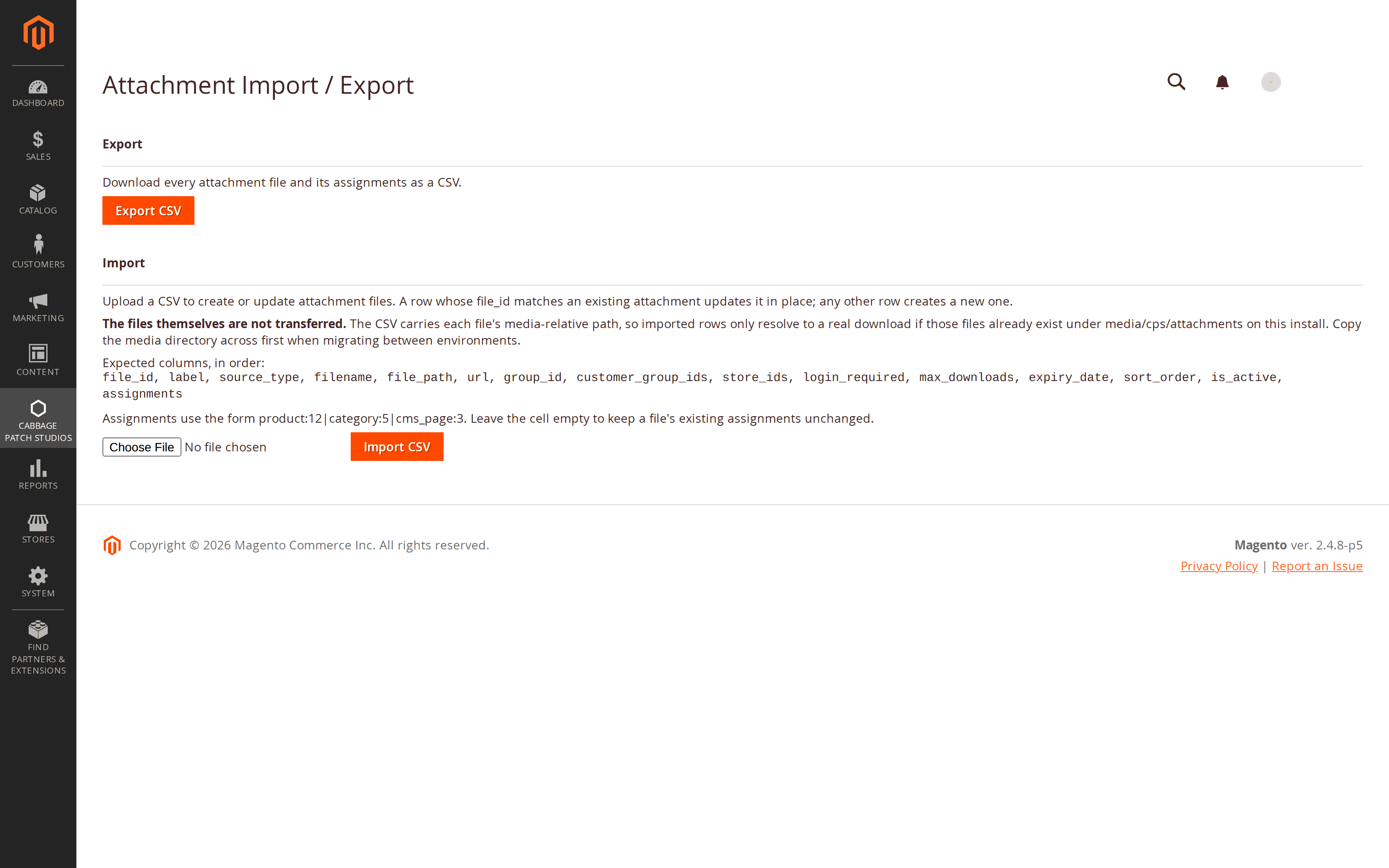 The Product Attachments import and export screen in the Magento 2 admin