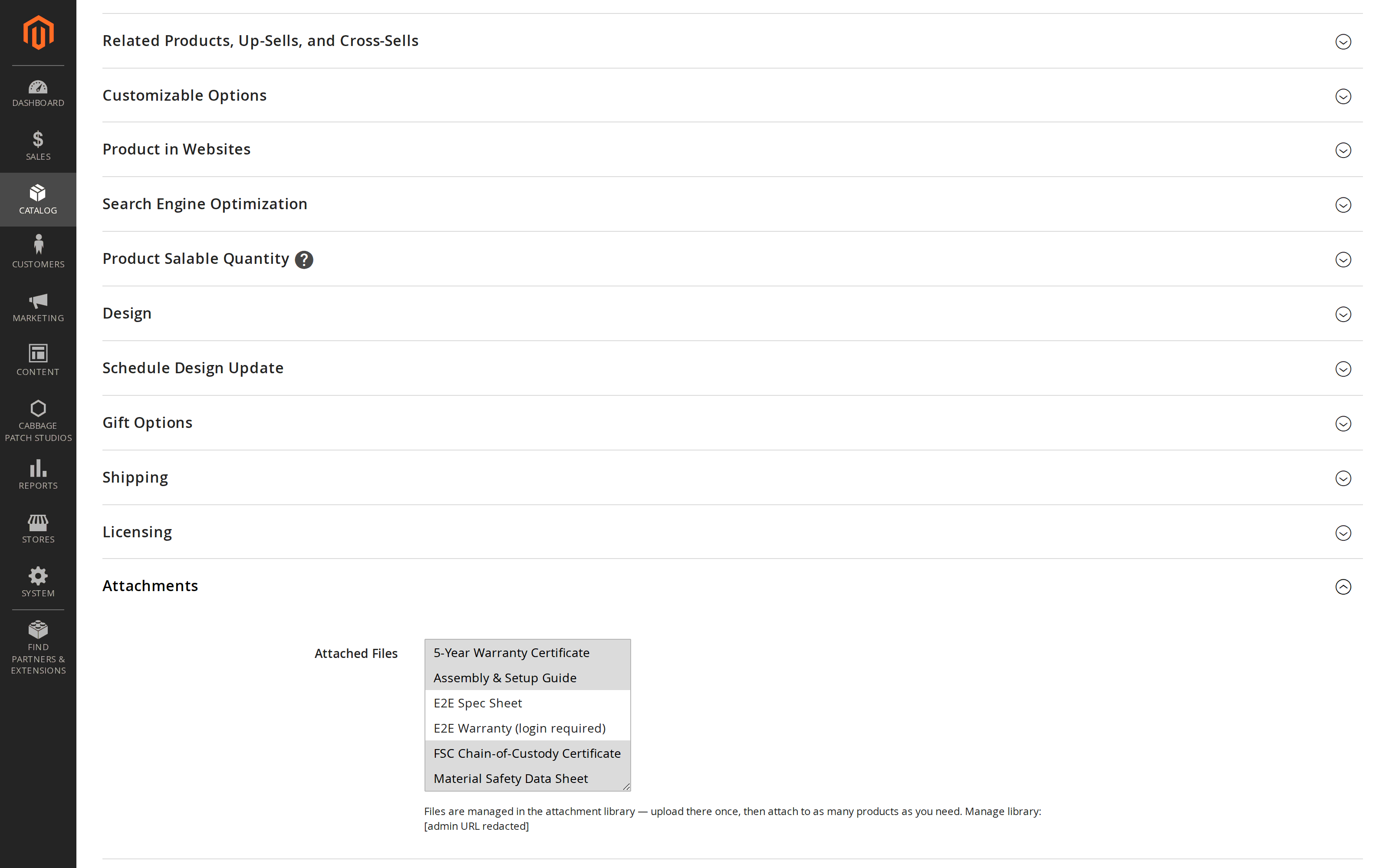 The Product Attachments section on a Magento 2 product edit page, showing the documents currently attached to that product