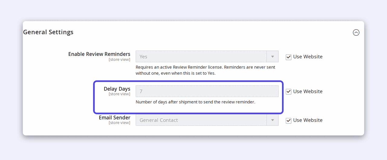 The Review Reminder admin config — Enable Review Reminders, Delay Days set to 7, and Email Sender, each scoped to the store view