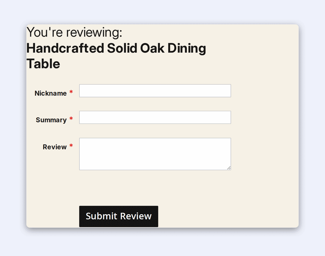 The native Magento "Write Your Own Review" form on a product page — Nickname, Summary and Review fields with a Submit Review button